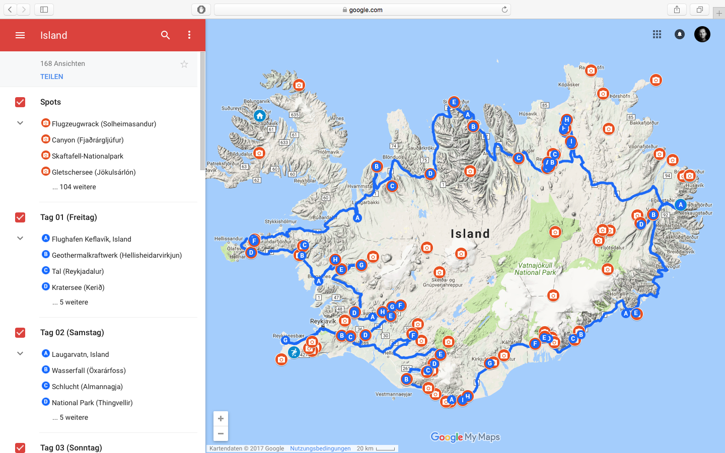 Island - Planung mit My Maps Karte