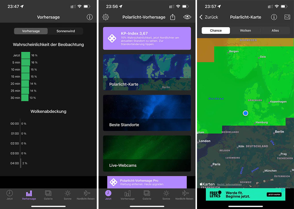 Aurora-App mit Polarlichtwarnung auf Amrum