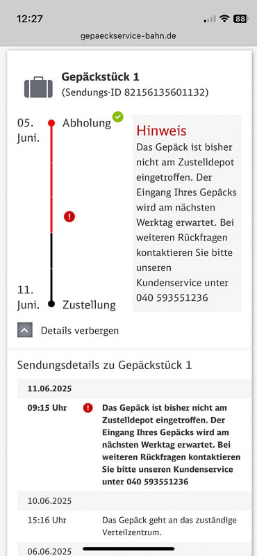 DB-Gepäcktransport, Status zum verlorenen Koffer