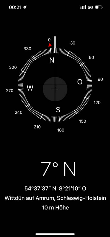 Kompass der iOS-App zur Wegfindung Richtung Norden