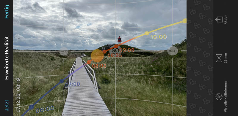 Der Sonnenverlauf zum Sonnenuntergang am Leit- und Quermarkenfeuer Norddorf