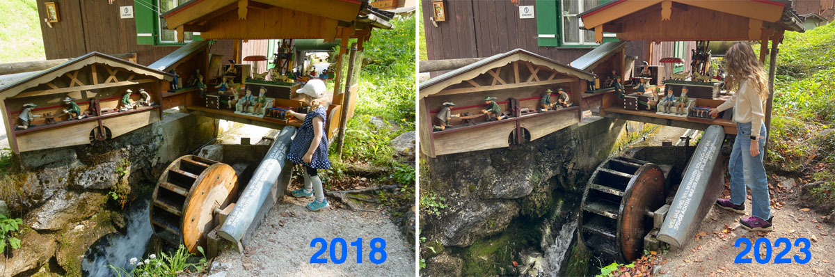 Vergleichsfoto Wasserrad im Zauberwald am Hintersee mit meiner Tochter 2018 vs. 2023