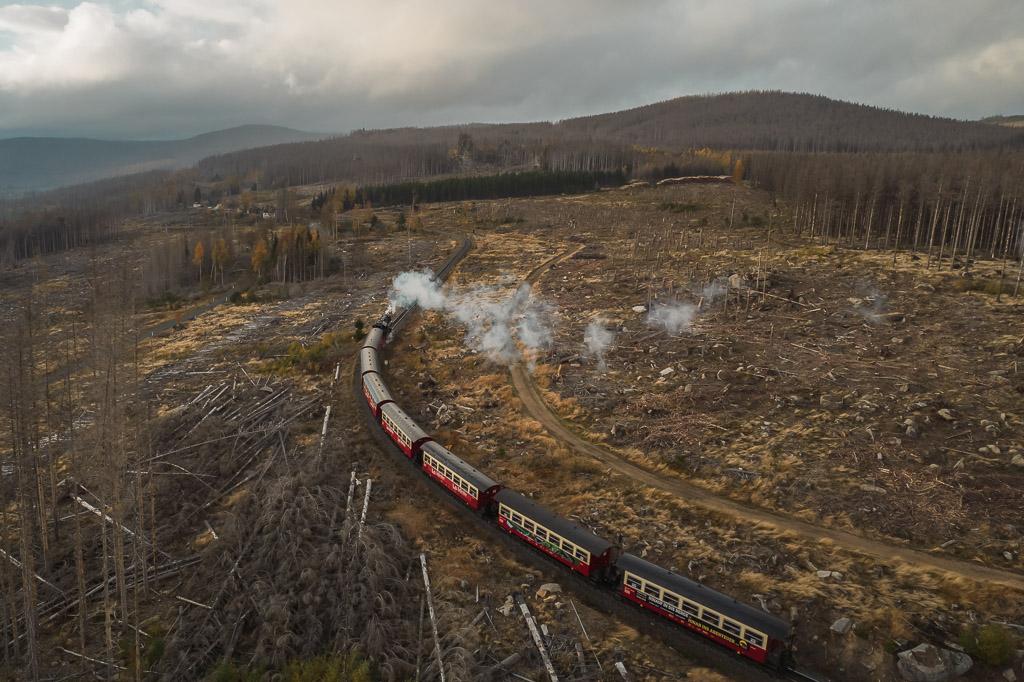 Die Brockenbahn fährt durch "tote" Landschaften ohne Bäume