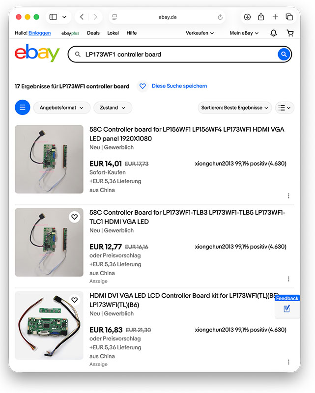 eBay-Suche nach Controller Boards für Monitor