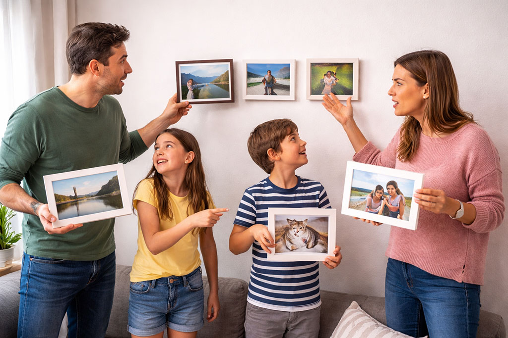 Eine Familie ist sich uneinig welche Fotos an die Wand gehangen werden