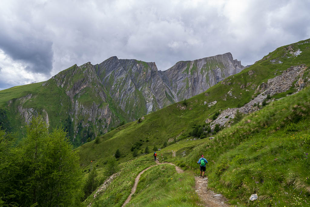 Wanderweg beim Abstieg zum Lucknerhaus durch grüne Berge