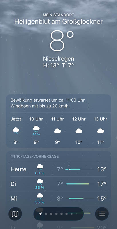Wetterbericht mit Regenvorhersage für die Alpenüberquerung E10