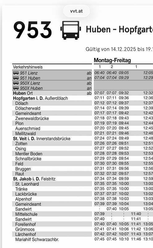 Fahrplan der Buslinie 953 im Defereggental mit dem knappen Umstieg auf dem Weg nach St. Jakob.