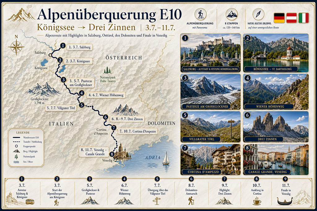 Ablaufplan der Alpenüberquerung auf dem E10