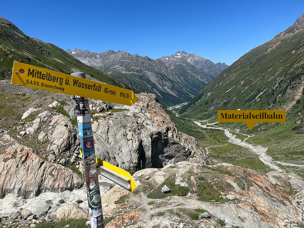 Blick ins Tal zur Materialseilbahn