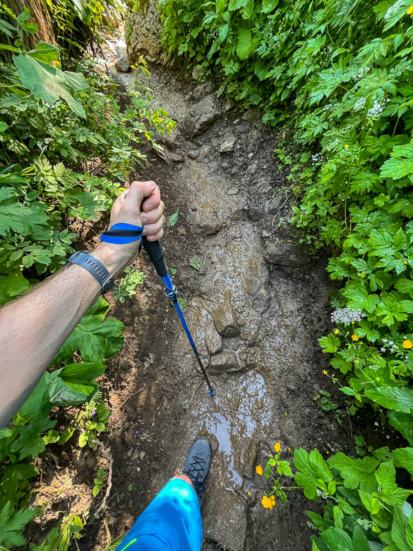 Wanderstöcke auf dem matschigen Aufstieg zur Kemptner Hütte