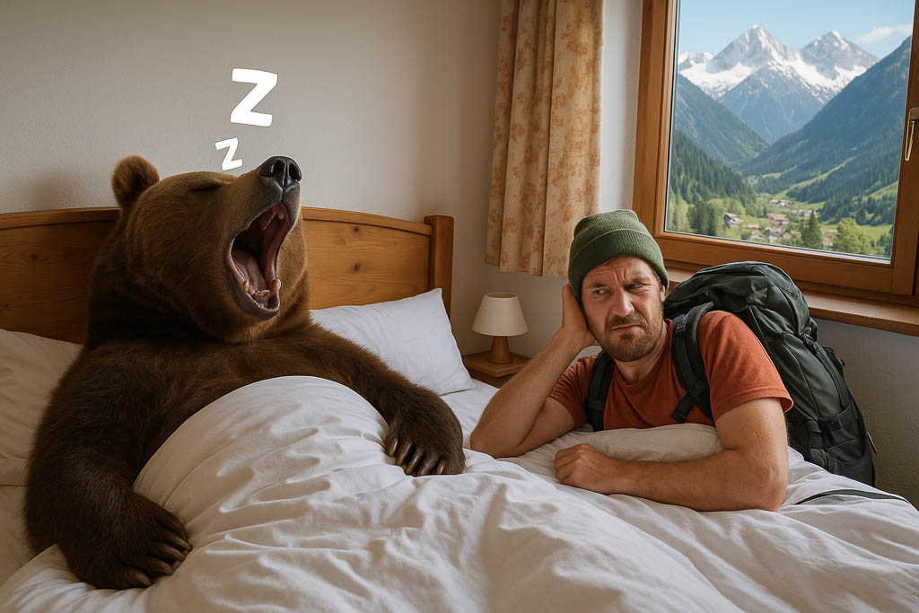 Ein schnarchender Grizzly im Bett eines Wanderers