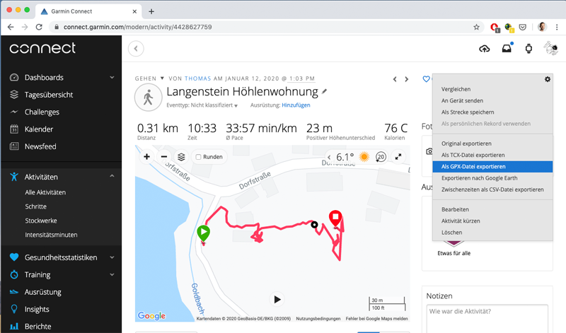 Aufgezeichneter GPS-Track in Garmin Connect
