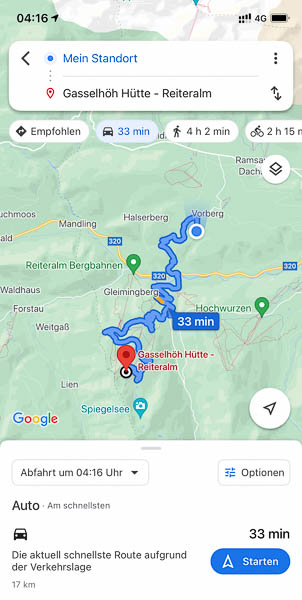 Anfahrt per Google Maps vom Astlhof zur Reiteralm