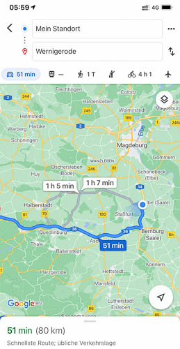 Screenshot von Google Maps auf dem Weg in den Harz zu den Klusbegen