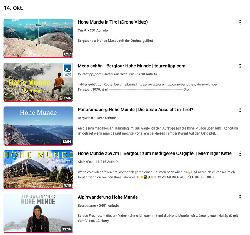 YouTube-Verlauf mit Videos zur Hohen Munde