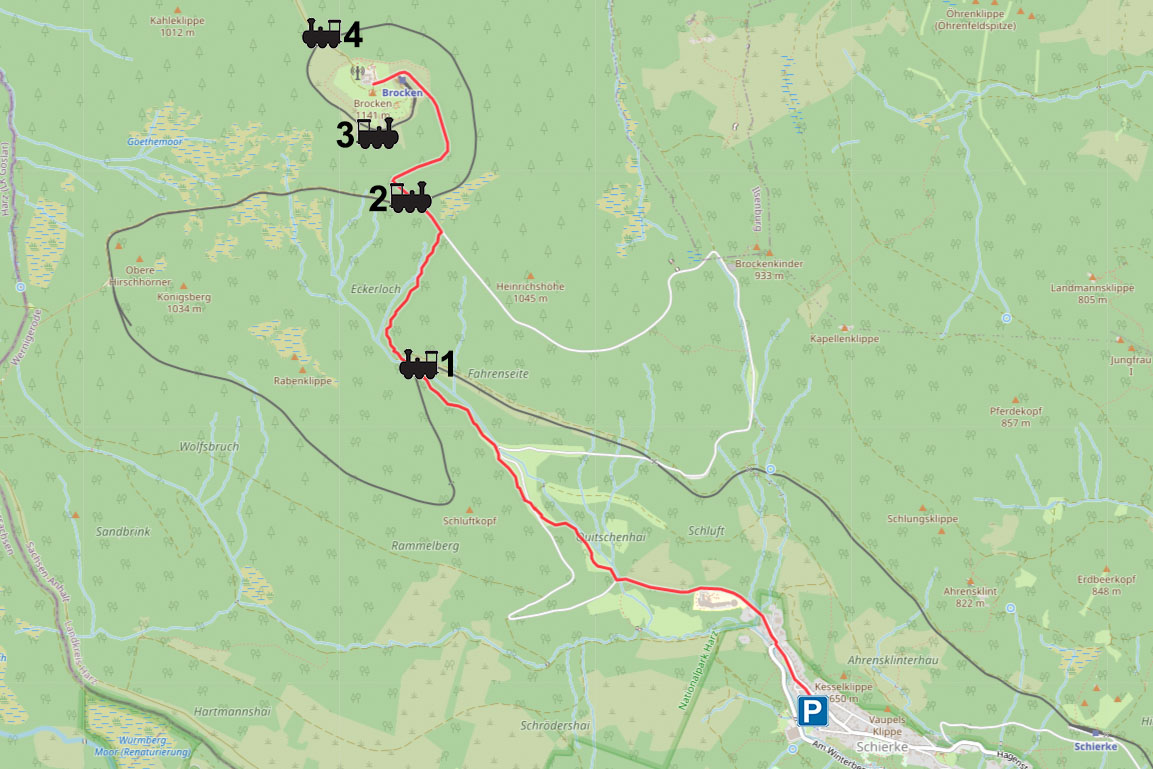 Karte mit Fotospots zum Fotografieren der Brockenbahn zwischen Schierke und dem Brocken