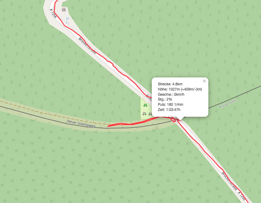 Karte mit Kreuzung der Brockenbahn am Rastplatz Brockenspitze