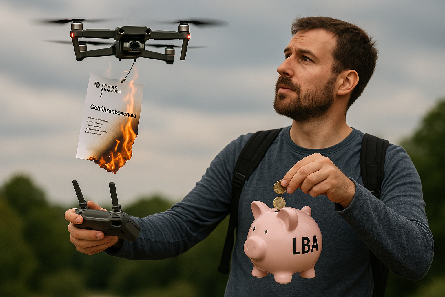 Ein Drohnenpilot zündet den Gebührenbescheid vom Luftfahrt-Bundesamt an und wirft Geld in ein Sparschwein