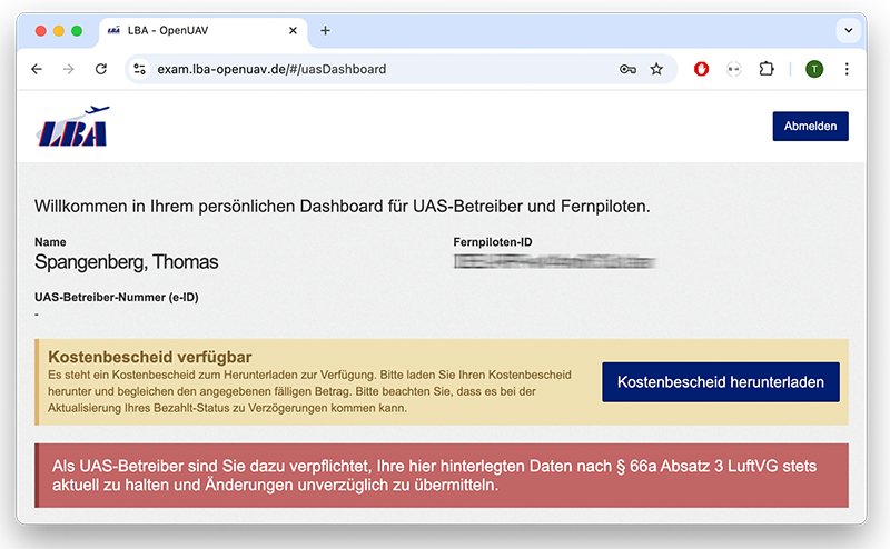 LBA Dashboard mit Kostenbescheid