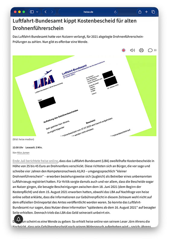 Luftfahrt-Bundesamt kippt Kostenbescheid für alten Drohnenführerschein