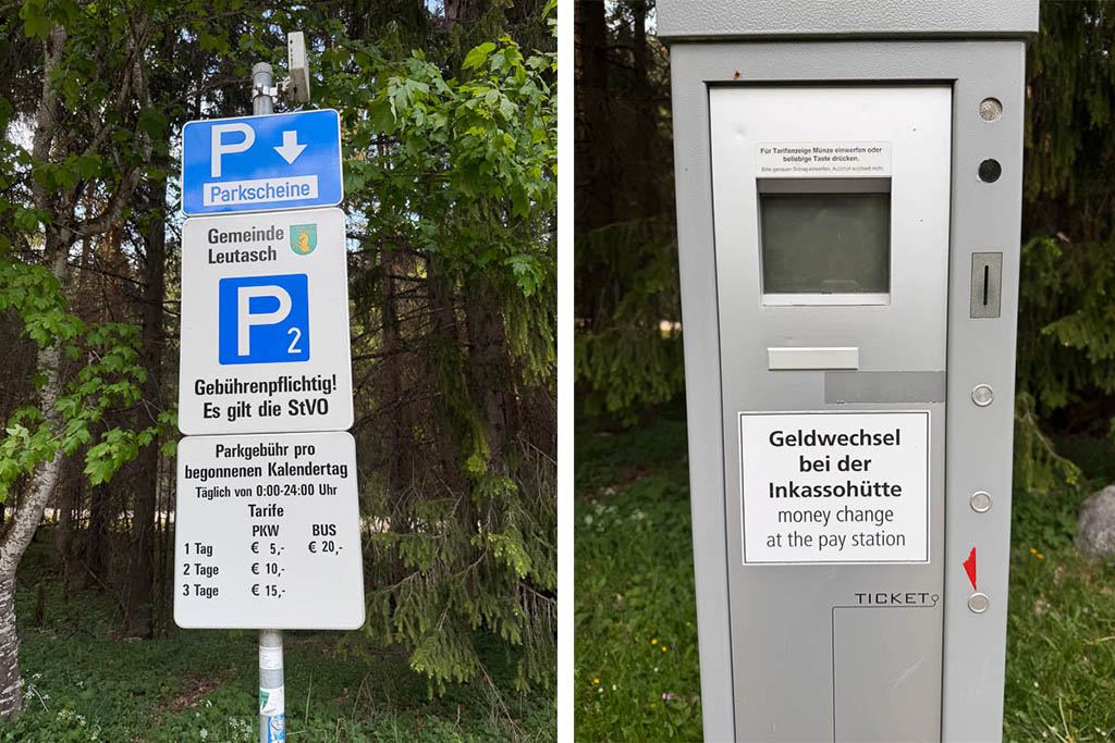 Parkautomat mit Münzen im Gaistal