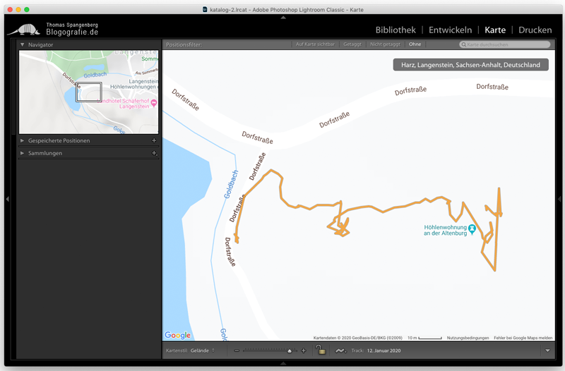 Adobe Lightroom zeigt die gelandene GPX-Datei als GPS-Track in der Karte an