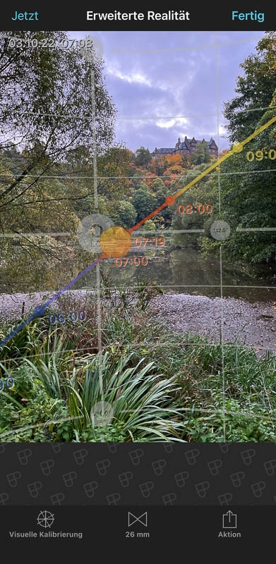 AR-View der PhotoPills-App on Location am Schlossteich von Schloss Rammelburg