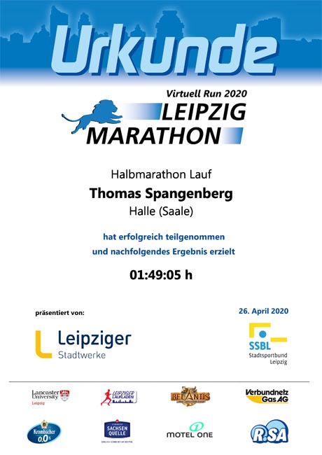 Urkunde vom Virtual Run Halbmarathon Leipzig 2020