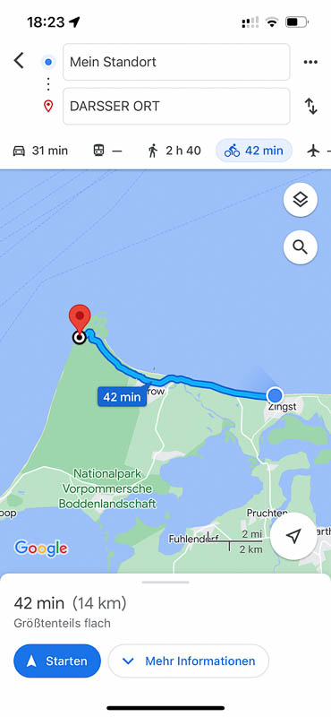 Screenshot der Routenplanung in Google Maps von Zingst zum Darßer Weststrand
